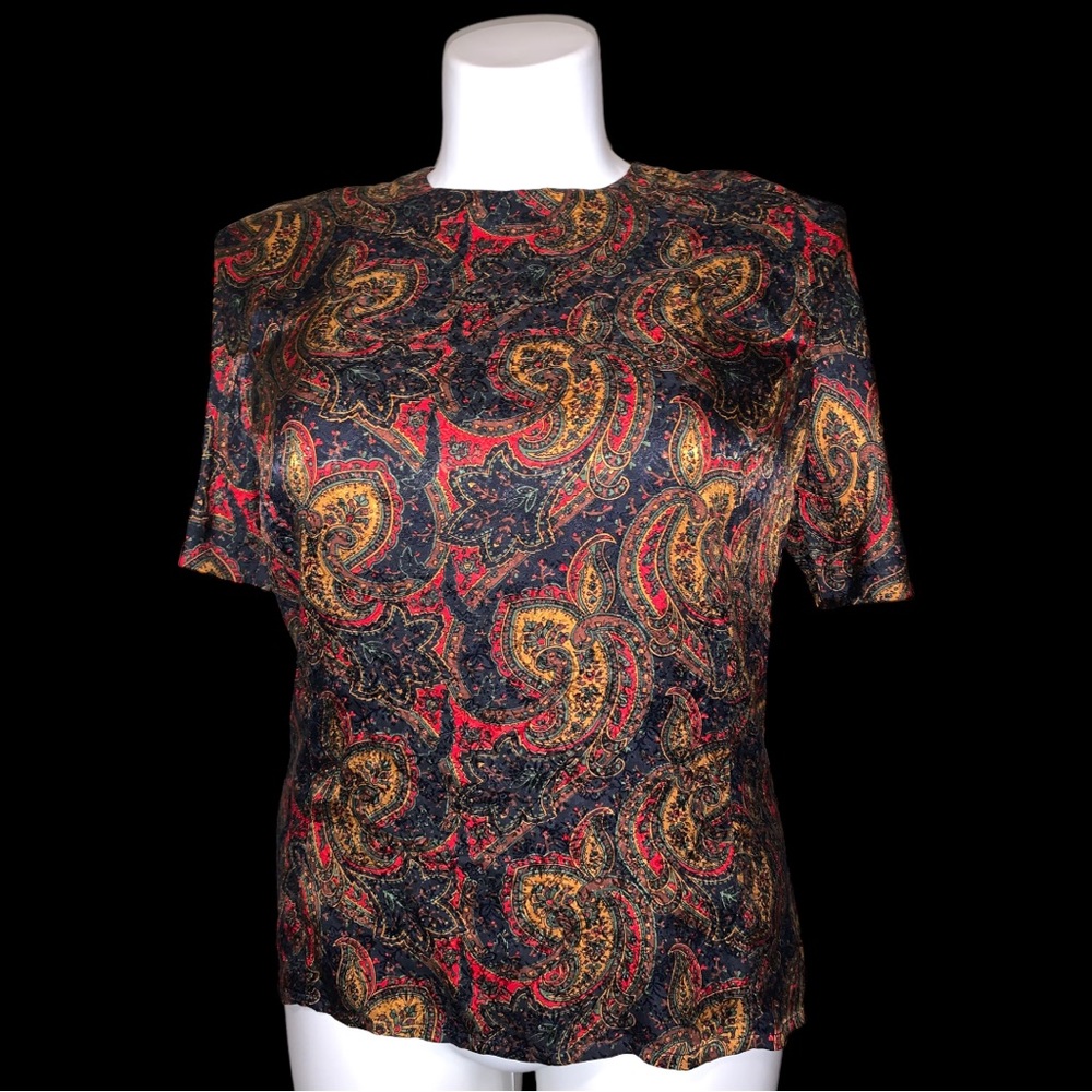 Blassport by Bill Blass Silk Paisley Blouse Size 16 Black Red Gold Vintage